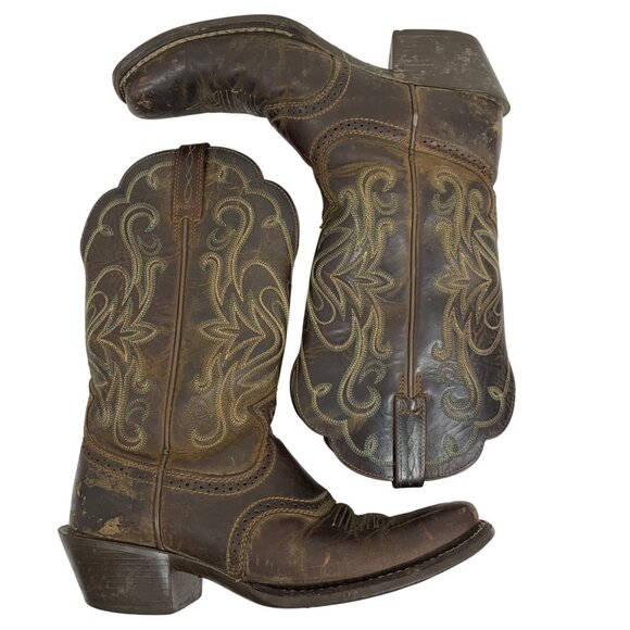 ARIAT 15834 Legend Square Toe Brown Leather Green INT Pull On Western Boots SZ 8 - Picture 3 of 10